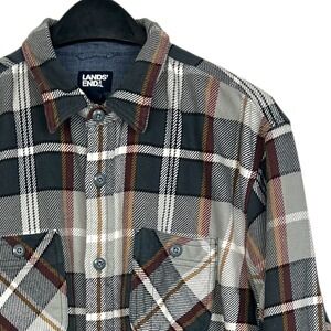 Lands' End Flannel Heavy Twill Shirt Mens L Grey Plaid Traditional Fit Button Up